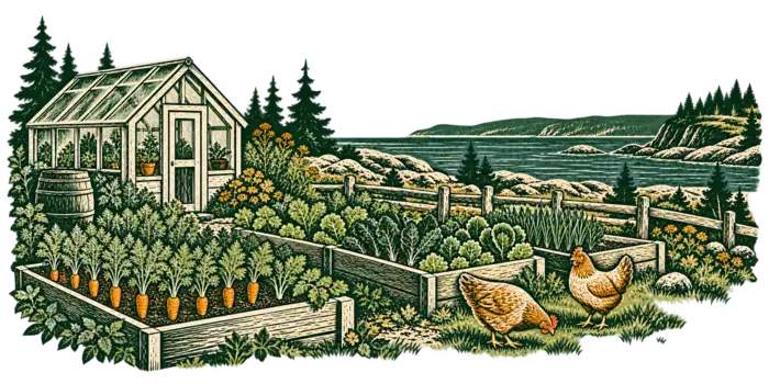 A coastal homestead garden with raised beds, greenhouse and hens