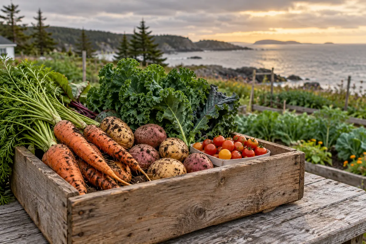 A crate of fresh garden vegetables overlooking a Newfoundland coast